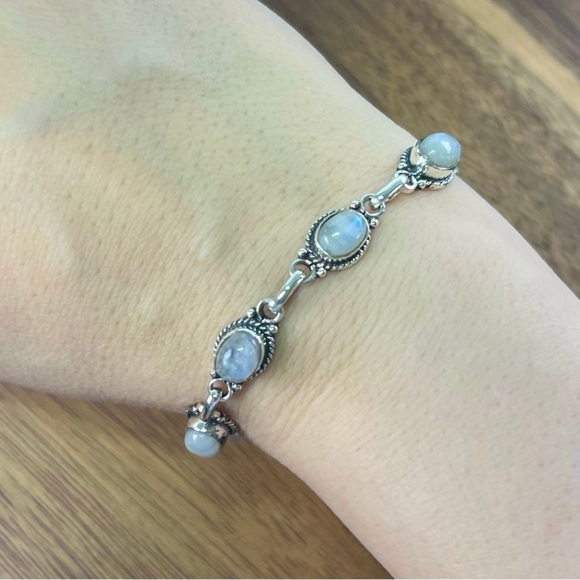 Blue Purple Moonstone Bracelet Sterling Silver 925 Vintage Southwest New - Picture 2 of 6